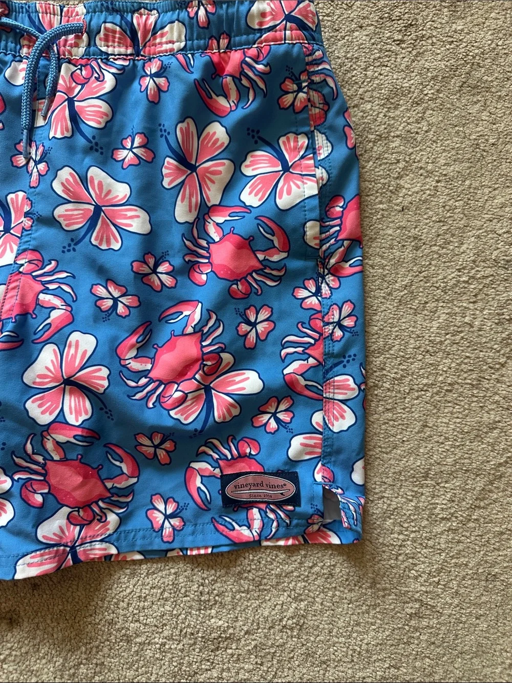 Vineyard Vines Blue Swim Shorts with Pink Crab & Floral Print
